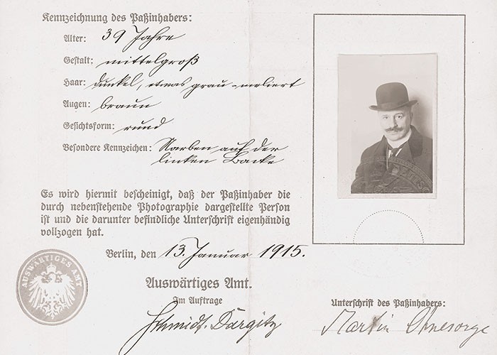 Forged passport in the name Martin Ohnesorge provided Oppenheim by the Foreign Office, 1915